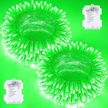 2 Pack 200 LED St. Patrick's Day String Lights Battery Operated with Timer - color: Green, size: 2PK(100LED)