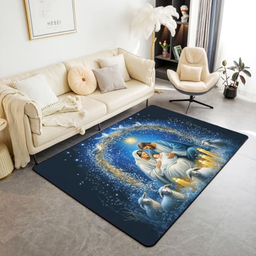 Manfei God Kids Area Rug,Faith-Inspired Lamb Theme Indoor Floor Mat Entrance Rug for Girls Boys,Dove Peace Starry Sky Non Slip Rug,Dark Blue Couch Living Room Decor,5'x6'6'' - color: Dark Blue, size: 4'11" x 6'7" (Rectangular)