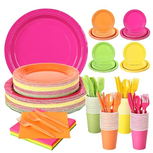 350 Pcs Neon Disposable Plates and Napkins Tableware Set for 50 Guests - color: Neon Color