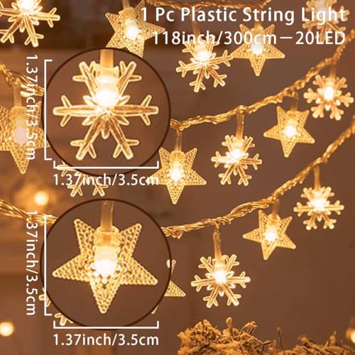 New Year Stars and Snowflakes Hanging String Lights, 20 LED Durable Warm Yellow Fairy Lights,Winter Birthday Mubarak Ramadan Kareem Patio Wedding Party Window Wall Indoor Outdoor Xmas Tree Decorations