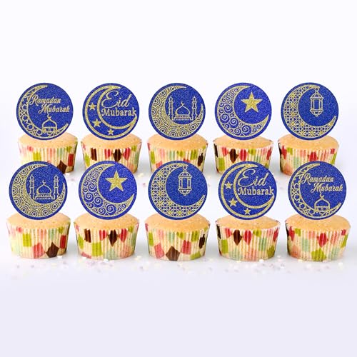 30 Pcs Eid Mubarak Paper Cupcake Decorations, Featuring a Shiny Gold and Blue Moon and Stars, Themed for Lslamic Muslim Parties