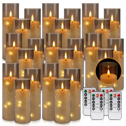 24-Pack Gray Flameless Candles with Remote Control, Battery-Powered LED Candles with Embedded Star String Lights & Realistic Flickering Flame. with Timer for Christmas, Home, Wedding, Fireplace Mantle - color: 24String-Grey
