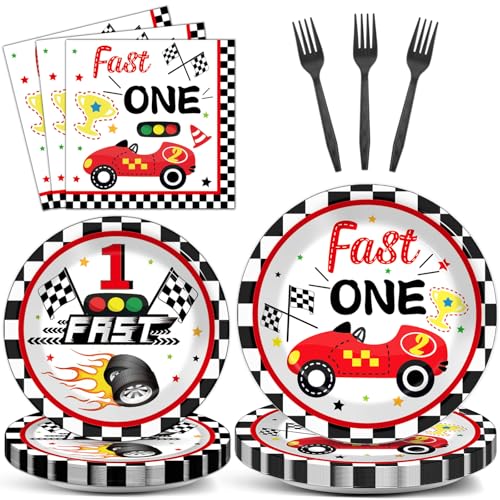 Fast One Birthday Decorations for Boys Racing Car 1st Birthday Party Supplies Fast One Plates Napkins Forks Checked Race Car Disposable Paper Plates Tableware Set for Kids Favors Serve 25 - style: Fast One