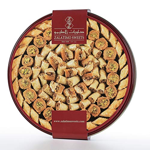 Zalatimo Sweets Since 1860 Middle Assorted Eastern Delight Baklava - Handmade with Pistachio, Walnut, Cashew - No Preservatives or Artificial Colors/Flavors - Round tin 2.2lbs - Birthdays, Weddings, Holidays - size: 35.2 Ounce (Pack of 1)