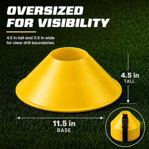 American Challenge Large Disc Cones – Set of 6 Agility Cones for Sports Training – Compact Soccer Cones with Carry Strap for Drills & Practice - color: Yellow