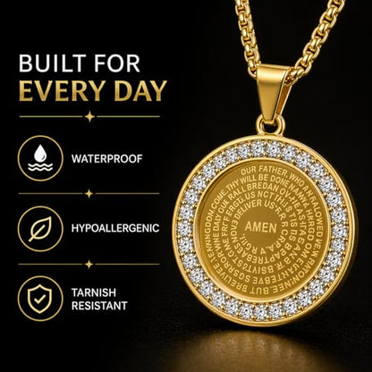Steeltime Stainless Steel Lords Prayer Necklace with Simulated Diamonds - color: Gold, style: Reversible Round Pendant