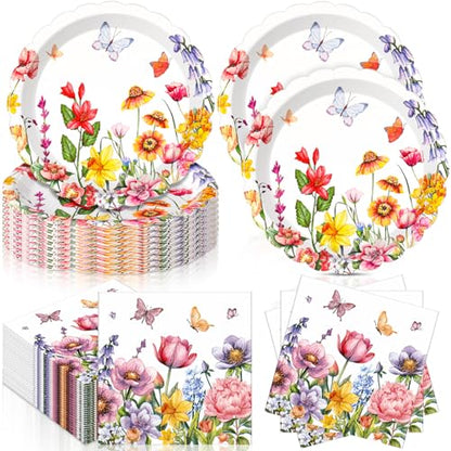 Funnymoom 96 Pcs Wildflower Tableware Set for 48 Guests Include 48 7 Inch Dessert Plates and 48 Napkins Watercolor Disposable Dinnerware for Birthday Holiday Tea Party Supplies - style: Wildflower