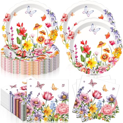 Funnymoom 96 Pcs Wildflower Tableware Set for 48 Guests Include 48 7 Inch Dessert Plates and 48 Napkins Watercolor Disposable Dinnerware for Birthday Holiday Tea Party Supplies - style: Wildflower