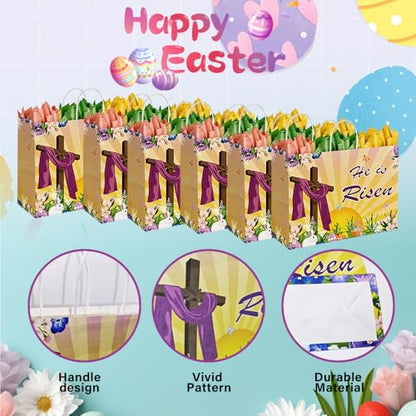 CMSSHUAI 12 Pcs Easter Religious Gift Bags with Tissue Paper, 13" Large Size He Is Risen Bags with Handles for Easter Gift Wrap Spring Egg Hunt - color: jesus 12