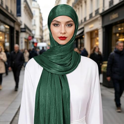 Premium Hijab Head Scarf for Women Lightweight Shimmer Hijab Head Wrap Scarves Crepe Satin Scarf Shawl Wrap - color: Dark Green