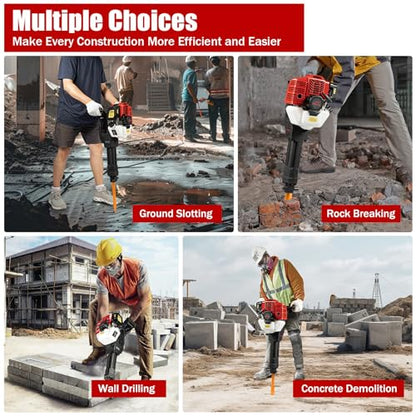 1900W 52CC Gas Powered Demolition Jack Hammer Concrete Breaker, 2 Stroke Air Cooling Gasoline Hammer Drill Tool with 2 Chisels for Building Construction and Ice Breaking Region