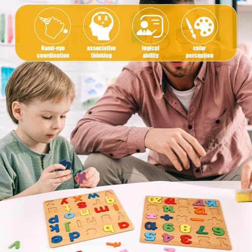 4-in-1 Wooden Alphabet Puzzle for Kids Ages 3+ – Upper & Lowercase Letters, Numbers & Shapes – Montessori Educational Learning Toy for Toddlers & Preschool – Fine Motor & Early STEM Skills