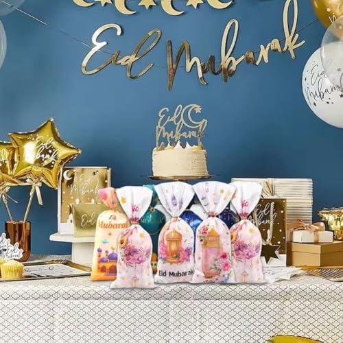 Sanfly Eid Mubarak Goodie Bags 50 Pcs Ramadan Gift Bags, Watercolor Moon Flower Print Eid Theme Plastic Candy Snack Pouch