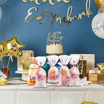 Sanfly Eid Mubarak Goodie Bags 50 Pcs Ramadan Gift Bags, Watercolor Moon Flower Print Eid Theme Plastic Candy Snack Pouch
