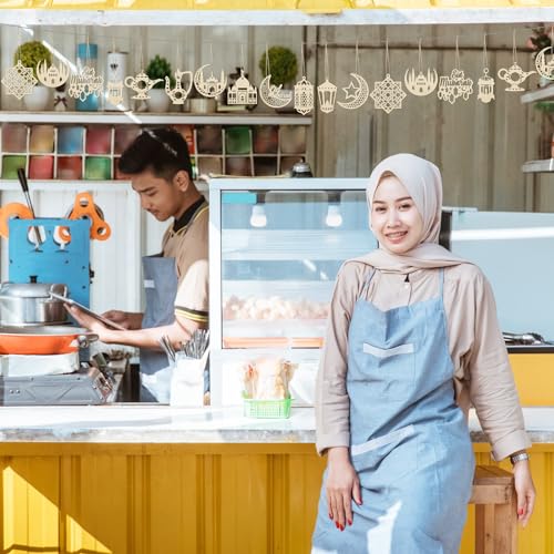 Barydat 36 Pcs Eid Mubarak Ornaments Ramadan Decorations Wooden Hanging Tree Ornaments Islamic Ramadan Cutouts Decor Castle Lantern Hanging Wood Cutouts Embellishment with Rope