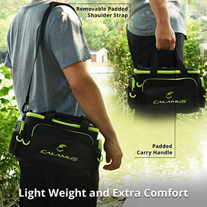 Calamus TB61 Fishing Tackle Bag, Fishing Gear, Gifts for Angler, Green | Saltwater & Freshwater Fishing Bags, Rip-Stop PE, Padded Shoulder Strap, Pliers Storage, Easy to Organize, Functional Design - color: A：Green(without trays)-14.3*9*7.5 inches