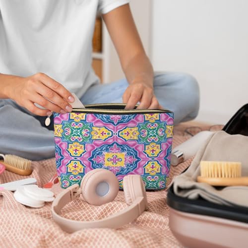 Leather Makeup Bag for Purse, Waterproof Small Toiletry Bag with Zipper, Cute Cosmetic Bags for Women, Pink Blue Islamic Pattern Travel Pouch - color: Pink Blue Islamic Pattern