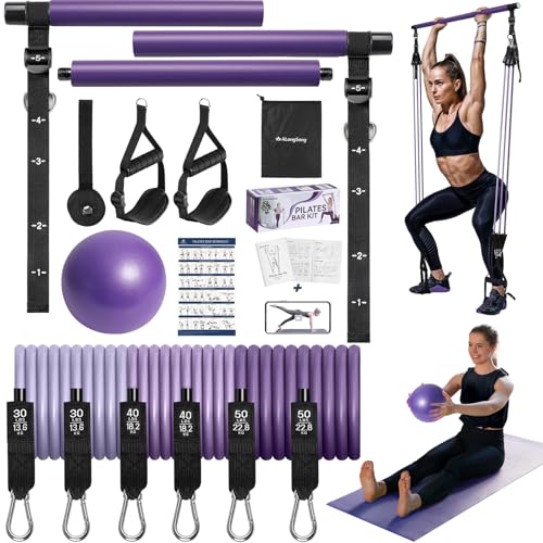 Upgraded Pilates Bar Kit with Resistance Bands Natural Latex for Women & Men, Heavy-Duty Stainless Steel Multifunctional Yoga Pilates Stick for Home Gym Exercise Fitness Equipment Full-Body Workouts - color: Purple