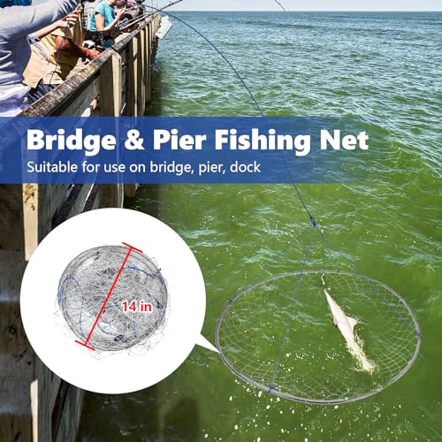 QualyQualy Large Bridge and Pier Fishing Net 32''/39'' Hoop, Foldable Drop Net Pier Fishing for Saltwater with Rope, Landing Net with Nylon Mesh, Collapsible Soft Steel Ring - color: Gray, size: L: 39''×36''