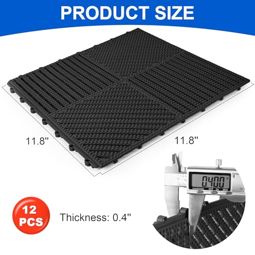 MYFAMIREA Modular Interlocking Cushion 12 Pack 11.8" x 11.8" Rubber Floor Tiles Non-Slip Splicing Drainage Mats for Deck, Pool, Shower, Patio, Balcony, Bathroom, Kitchen, Yard (2 Rows Dots, Black) - size: 12 PCS-2 Rows Dots