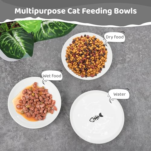 Ceramic Cat Bowls - 10 Pack, No Whisker Fatigue Wide Shallow Cat Dishes with Non-Slip Silicone Bottom, Pet Food & Water Plates, 15cm Diameter