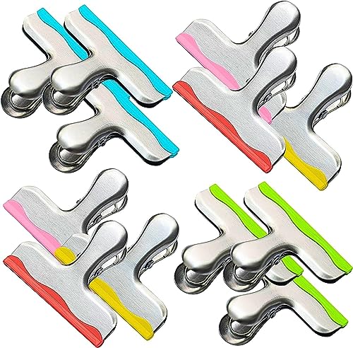 12 Pack Metal Chip Clips with Silicone Edges – Heavy Duty Bag Clips for Food Packages, Kitchen, Office – Color Coded, Air Tight Extra Strong Clamps, 3 Inches Wide (12)