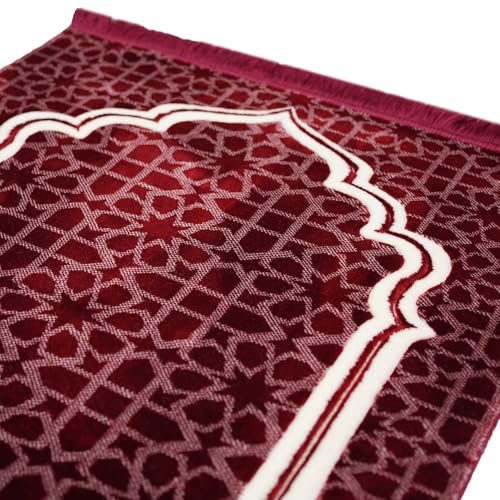 Modefa Muslim Prayer Rug - Large Plush Velvet - Andalus (Red) | For Islamic prayers, salah. For men or women; thick plush soft praying mat - color: Red