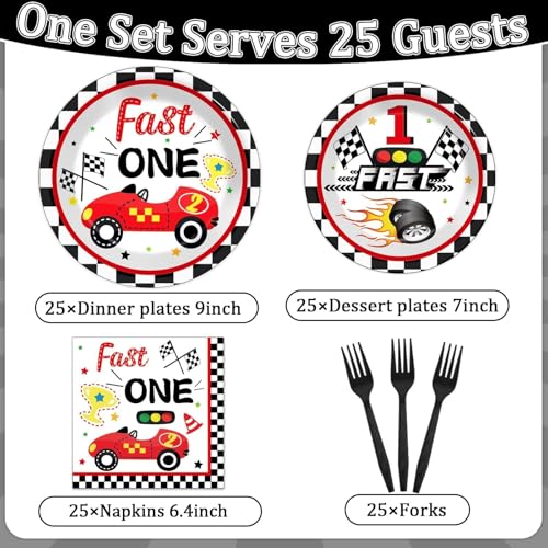 Fast One Birthday Decorations for Boys Racing Car 1st Birthday Party Supplies Fast One Plates Napkins Forks Checked Race Car Disposable Paper Plates Tableware Set for Kids Favors Serve 25 - style: Fast One