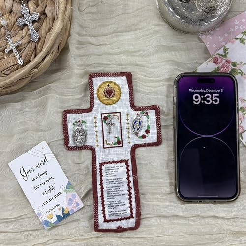 Onism Spanish Pocket Prayer Quilt with Cross, Catholic Gift, 3 Pack Red | Embroidered verses, Sacred Heart and saint medals, velvet fold-up pouch, sympathy and get well comfort for women - color: 3pcs Red – Small (No Pocket)