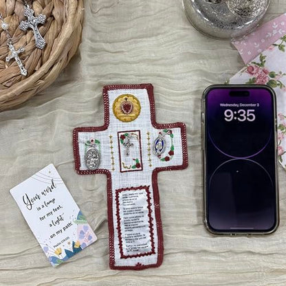 Onism Spanish Pocket Prayer Quilt with Cross, Catholic Gift, 3 Pack Red | Embroidered verses, Sacred Heart and saint medals, velvet fold-up pouch, sympathy and get well comfort for women - color: 3pcs Red – Small (No Pocket)