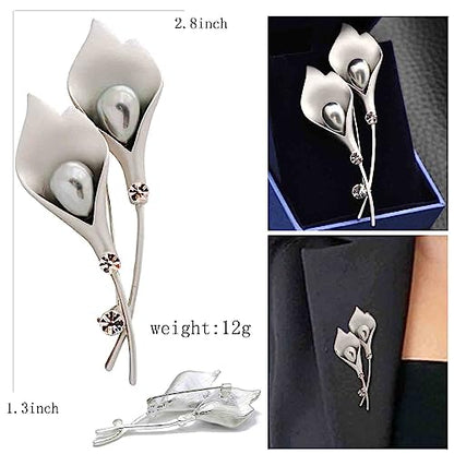 Crystal Pearl Flower Brooches Pins Fashion Beautiful Created Rhinestone Floral Brooch Good Idea for Party Dance Wedding Banquet for Elegant Women Girl - color: Silver Lily