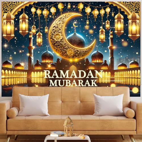 Ramadan Mubarak Backdrop Golden Crescent Moon Lanterns Mosque Banner Eid Mubarak Celebration Ramadan Decorations for Home Booth Prop (7X5FT) - size: 7X5FT
