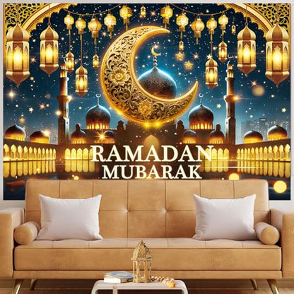 Ramadan Mubarak Backdrop Golden Crescent Moon Lanterns Mosque Banner Eid Mubarak Celebration Ramadan Decorations for Home Booth Prop (8x6FT) - size: 8x6FT