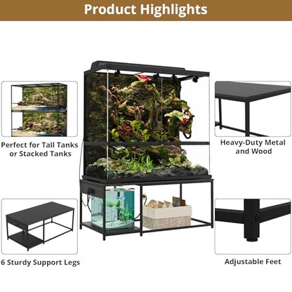 120 Gallon Reptile Tank Stand – 48"x24" Terrarium Stand for Stacked 4x2x2 PVC Tanks, Chameleon Cage, Ball Python Tank, Lizard Tank & Tall Reptile Enclosure with Power Outlets (Only Stand) - color: Black