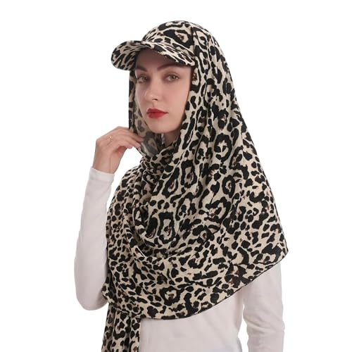 ZLYC Women Muslim Hijab Scarf with Visor Built-in Undercap Sun Protection Headwrap - color: Leopard Print