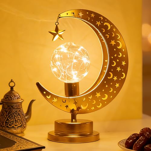 Ramadan Decorations Moon Lamp,Moon Light for Ramadan Decorations Indoor and Outdoor,Moon Star Lamp with LED Bulb&Timer Table Decor for Moroccan,Eid Home Decor,Gifts - color: Moon