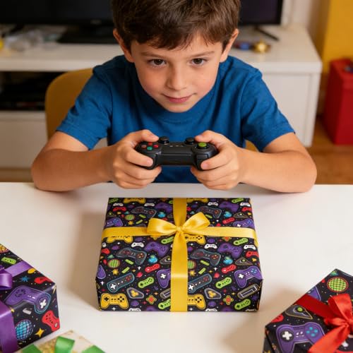 Cuitpan Gaming Wrapping Paper - 4 Jumbo Sheets, 28 * 40 Inches, Video Game Console and Black Starry Sky Design, for Boys Birthday, Gaming Party & Holiday Gifts - color: Black-Gaming