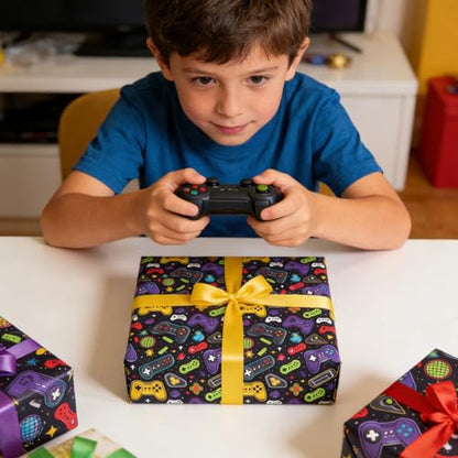Cuitpan Gaming Wrapping Paper - 4 Jumbo Sheets, 28 * 40 Inches, Video Game Console and Black Starry Sky Design, for Boys Birthday, Gaming Party & Holiday Gifts - color: Black-Gaming