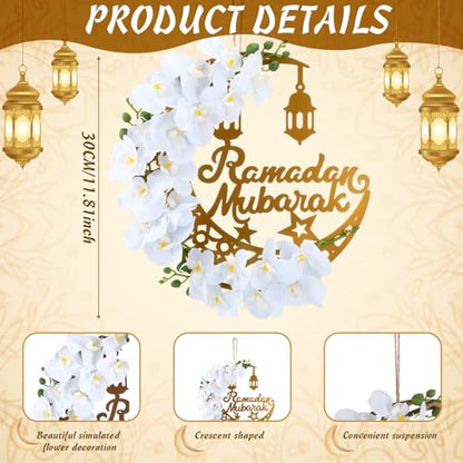Lineshading Eid 라마단 무바라크 화환 라마단 장식 가정 현관 이드 장식 원형 금속 후프 꽃 벽걸이 화환 벽 창문 실내 실외 농가 장식 (클래식) - style: 클래식