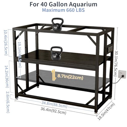 METYERRY 40 Gallon Fish Tank Stand with Power Outlets, Adjustable Aquarium Stand, Heavy Duty Terrarium Stand, Metal reptile tank stand, Suitable for Home Office,660LBS Capacity, Black - color: Black, size: 40 Gallon