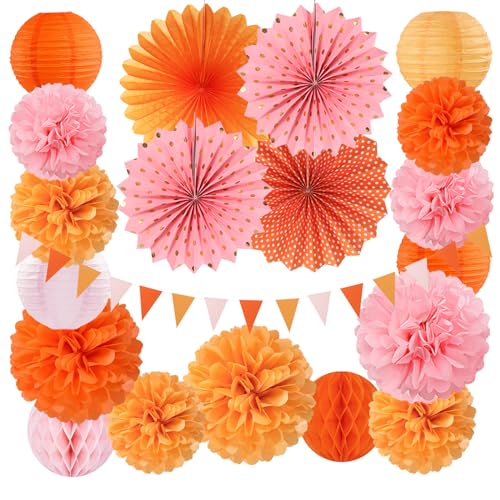 Pink-Orange Groovy Party-Decorations - 20pcs Fall Autumn Thanksgiving Harvest Paper Streamers Lanterns Fans,Tissue Pom Poms,Honeycomb Balls,Bunting,Birthday Baby Bridal Shower Wedding Decor Burgleda - color: Pink Orange Groovy