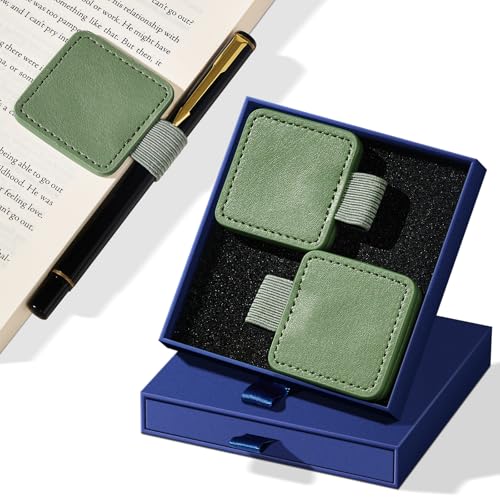 2-Pack PU Leather Magnetic Bookmarks with Pen Holder, Green - color: Square-green