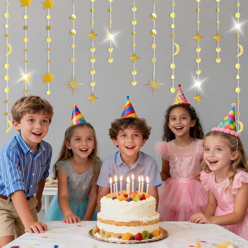 92FT Gold Moon Star Garland, Sparkly Crescent Moon & Star Hanging Decor for Ramadan Eid Mubarak, Birthday Party Supplies, Wedding Baby Shower Decorations, Photo Booth Props - size: 92 Gold Star