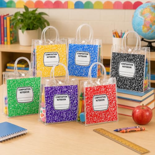 Cinrobiye 24 Pcs Composition Notebook Back to School Gift Bags with Handles, Clear Reusable Student Welcome Goodie Bags for Classroom Prizes, Teacher Gifts, School Party Favors & First Day of School Supplies - color: Colorful2