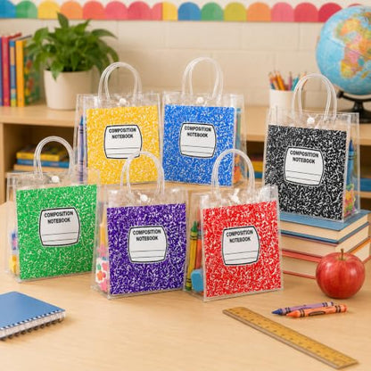 Cinrobiye 24 Pcs Composition Notebook Back to School Gift Bags with Handles, Clear Reusable Student Welcome Goodie Bags for Classroom Prizes, Teacher Gifts, School Party Favors & First Day of School Supplies - color: Colorful2