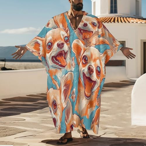Happy Chihuahua Dogs Men's Kaftan Thobe V-Neck Long Gown Loose Robe - size: 3X-Large
