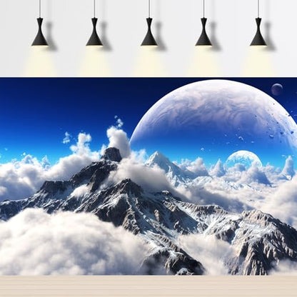 Celestial Aquarium Backdrop Snow Capped Mountains Alien Planet Terrarium Background Space Planets and Natural Landscape Fish Tank Backdrop Tranquil Natural Cloudy Sky Aquarium Backdrops 36x18in - color: White_Blue, size: 36(W)x18(H)in