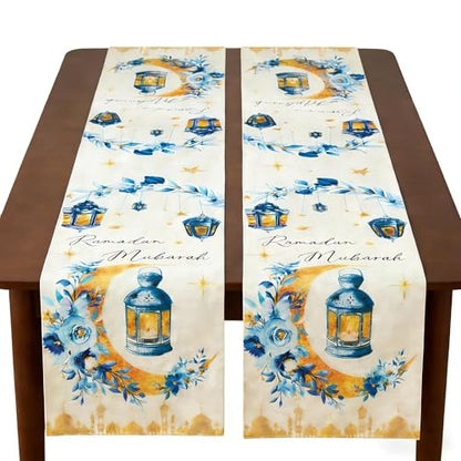 cnomg Eid Mubarak Table Runner Table Decorations 2 Pack Blue and Gold Holiday Kitchen Dining Table Runners with Moon Star and Lantern Flower for Home Party Decor 13 x 72 Inch