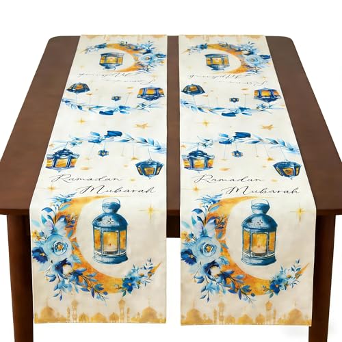 cnomg Eid Mubarak Table Runner Table Decorations 2 Pack Blue and Gold Holiday Kitchen Dining Table Runners with Moon Star and Lantern Flower for Home Party Decor 13 x 72 Inch