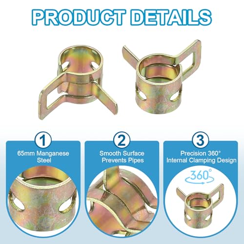 PATIKIL Spring Band Hose Pipe Clamps for 8-9.2 mm OD Hose, 50 Pack Silicone Vacuum Constant Tension Band Clips for Fuel Line Silicone Air Hose Tube Water Pipe, Gold - size: 8-9.2 mm